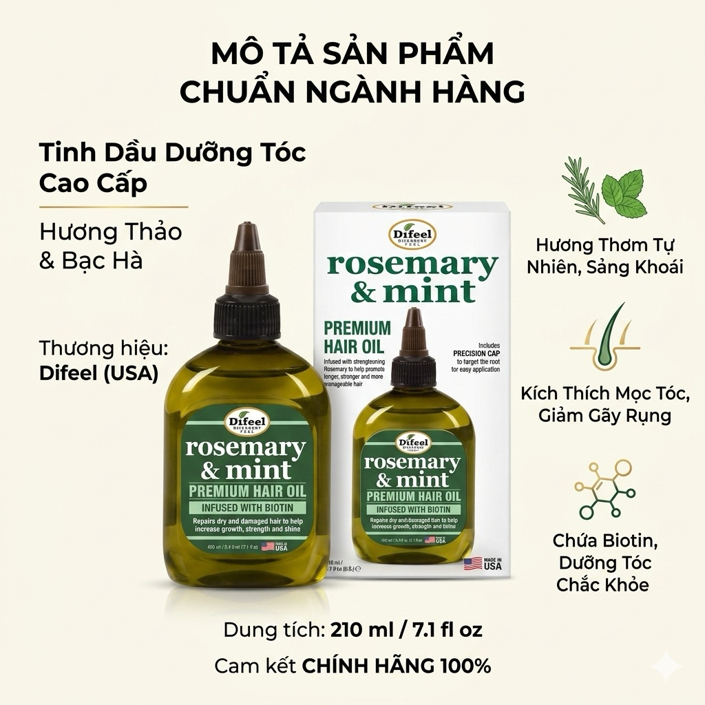 🌿 TINH DẦU DƯỠNG TÓC CAO CẤP DIFEEL ROSEMARY & MINT PREMIUM HAIR OIL (210ML)