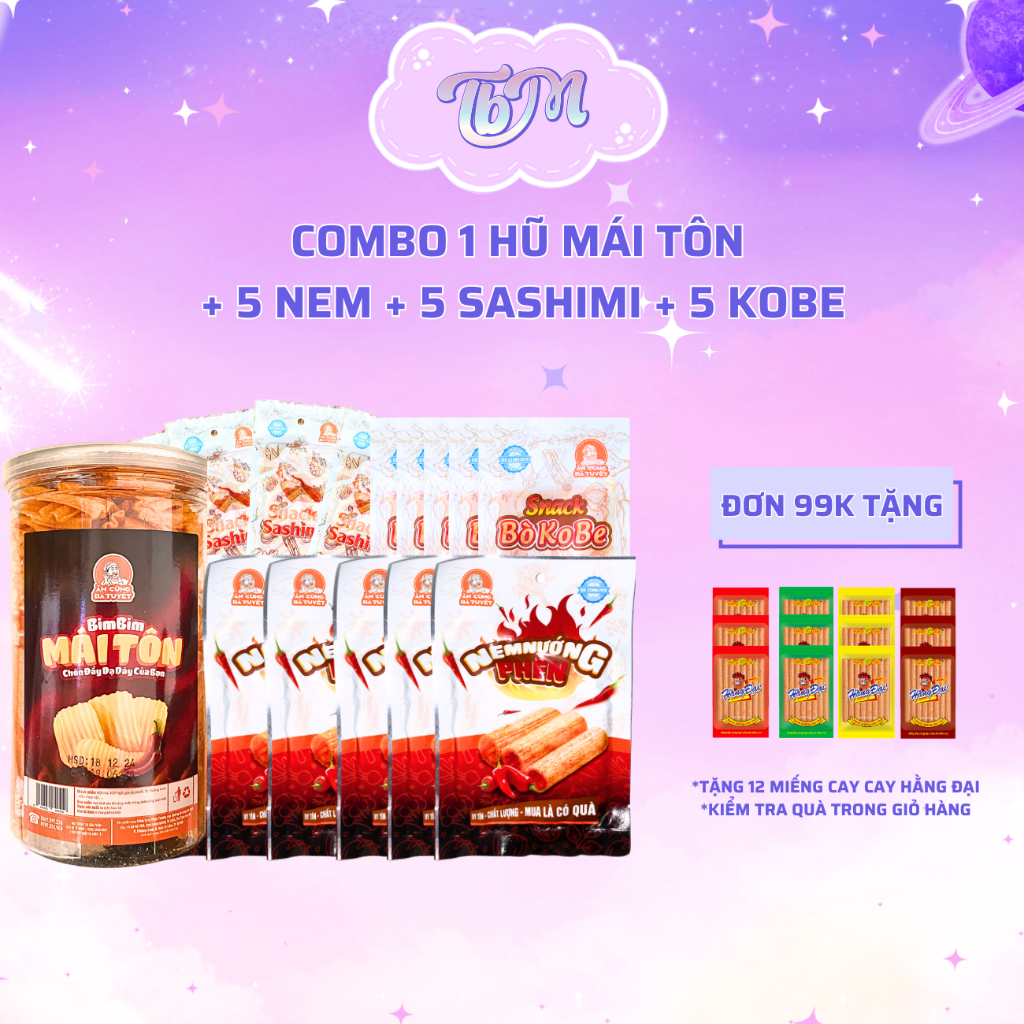 Combo ăn vặt bà Tuyết: 1 HŨ bim bim mái tôn + 5 nem + 5 bò kobe + 5 sashimi