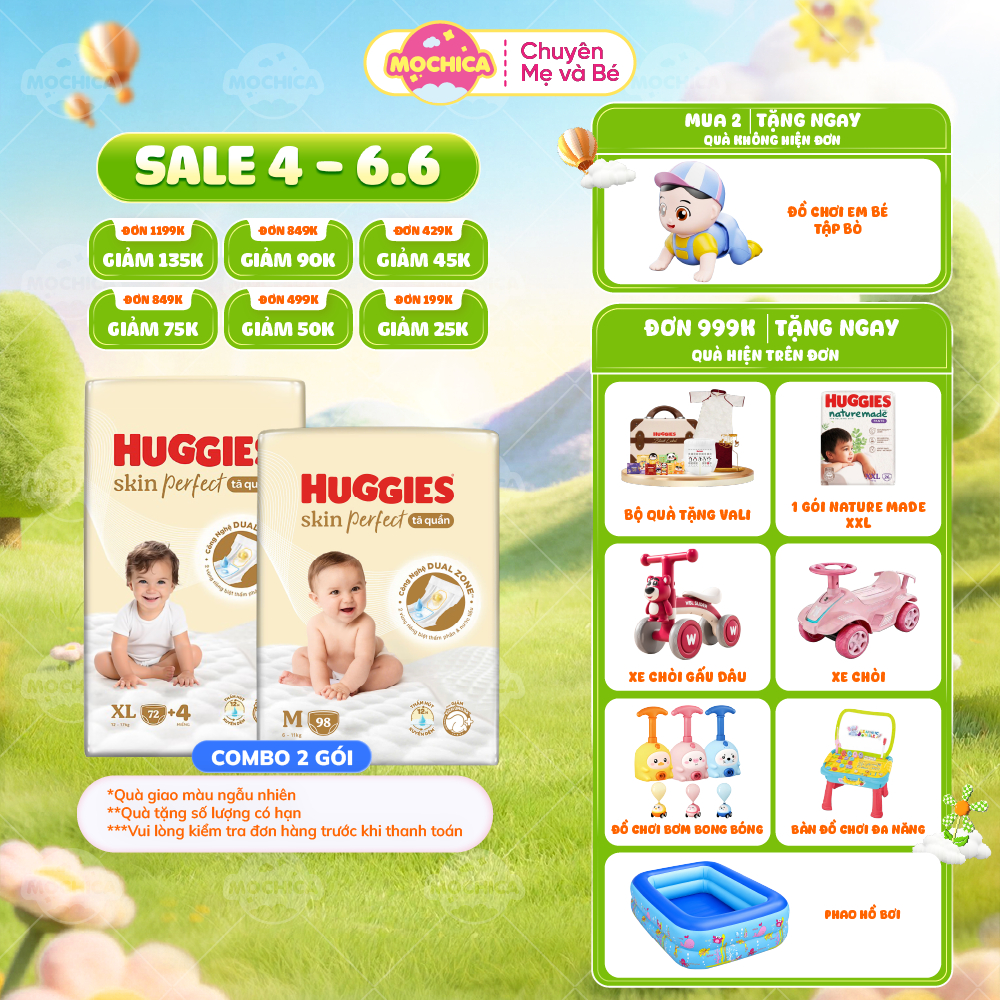 Combo 2 Tã/bỉm dán/quần Huggies Skin Perfect NB76/S80+2/M76+3 với 2 vùng thấm giảm kích ứng_Mochica