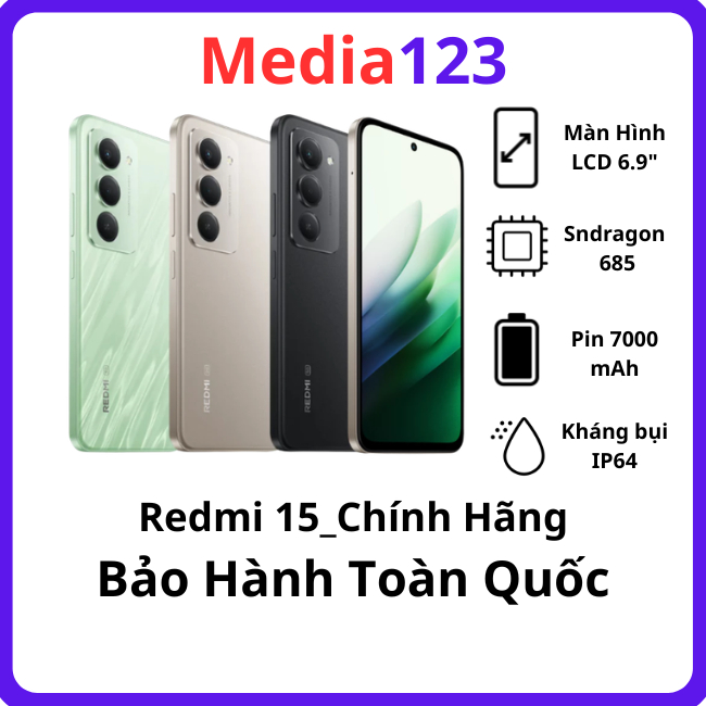 Điện thoại Xiaomi Redmi 15_5G Snap 6s Gen 3 Bảo Hành Toàn Quốc .media123