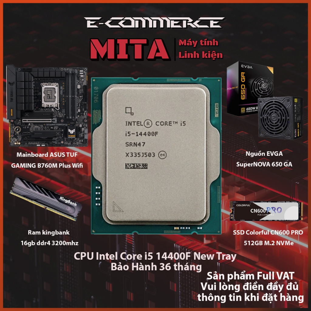 PC Intel Core i5 14400F + B760M + 16GB 3200Mhz Bộ PC lắp ráp MITA PROTOCOL CPU i5 14400f New Tray bả