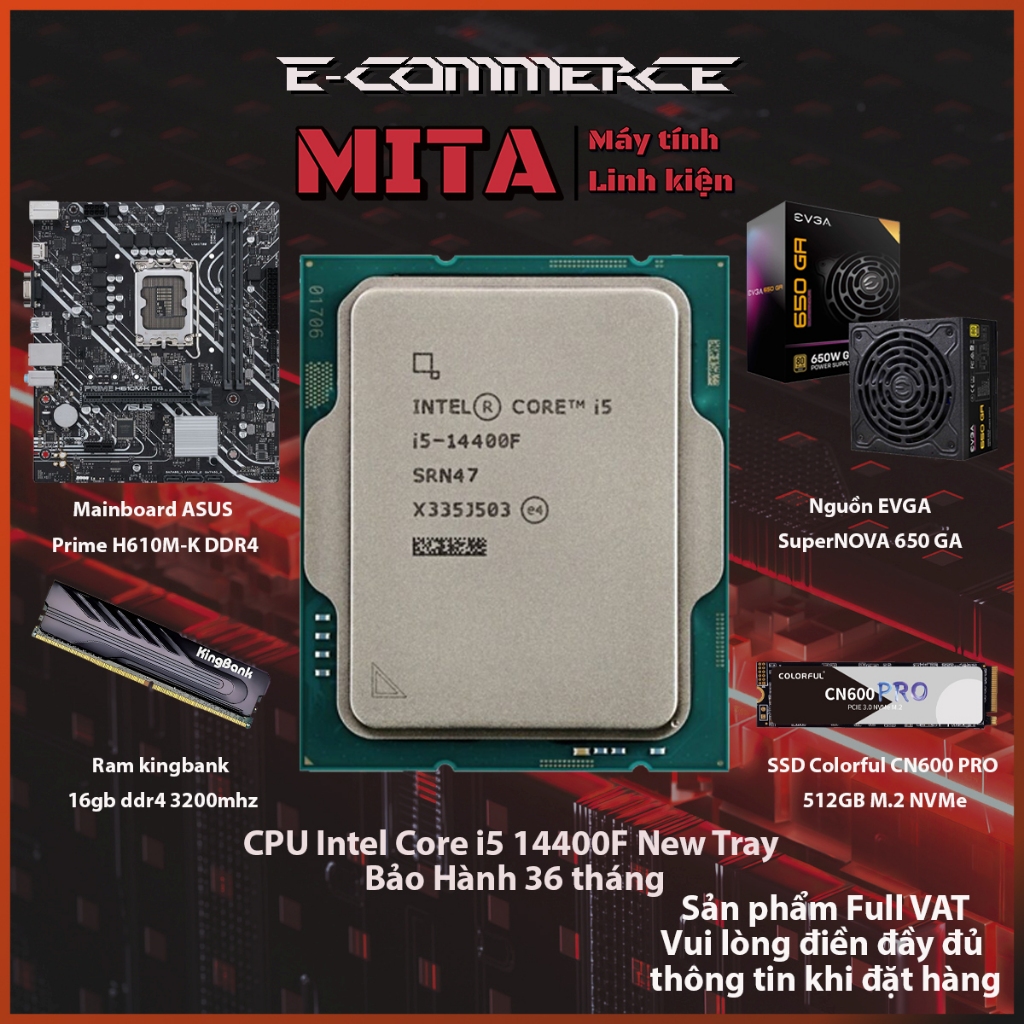 PC Intel Core i5 14400F + B760M + 16GB 3200Mhz Bộ PC lắp ráp MITA PRICE CPU i5 14400f  New Tray bảo 