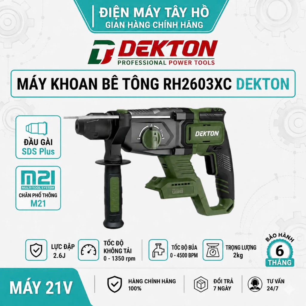 Máy khoan bê tông Dekton Lực 3.2J M21-RH2603XC –  Không than, Đầu gài SDS, 3 chức năng khoan/đục mạn