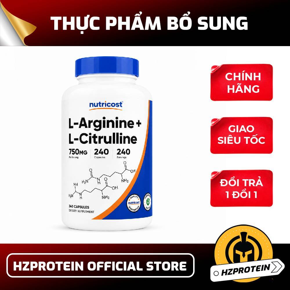 Nutricost L-Arginine L-Citrulline 750mg - Công Thức Kết Hợp Amino Acid Dạng Viên