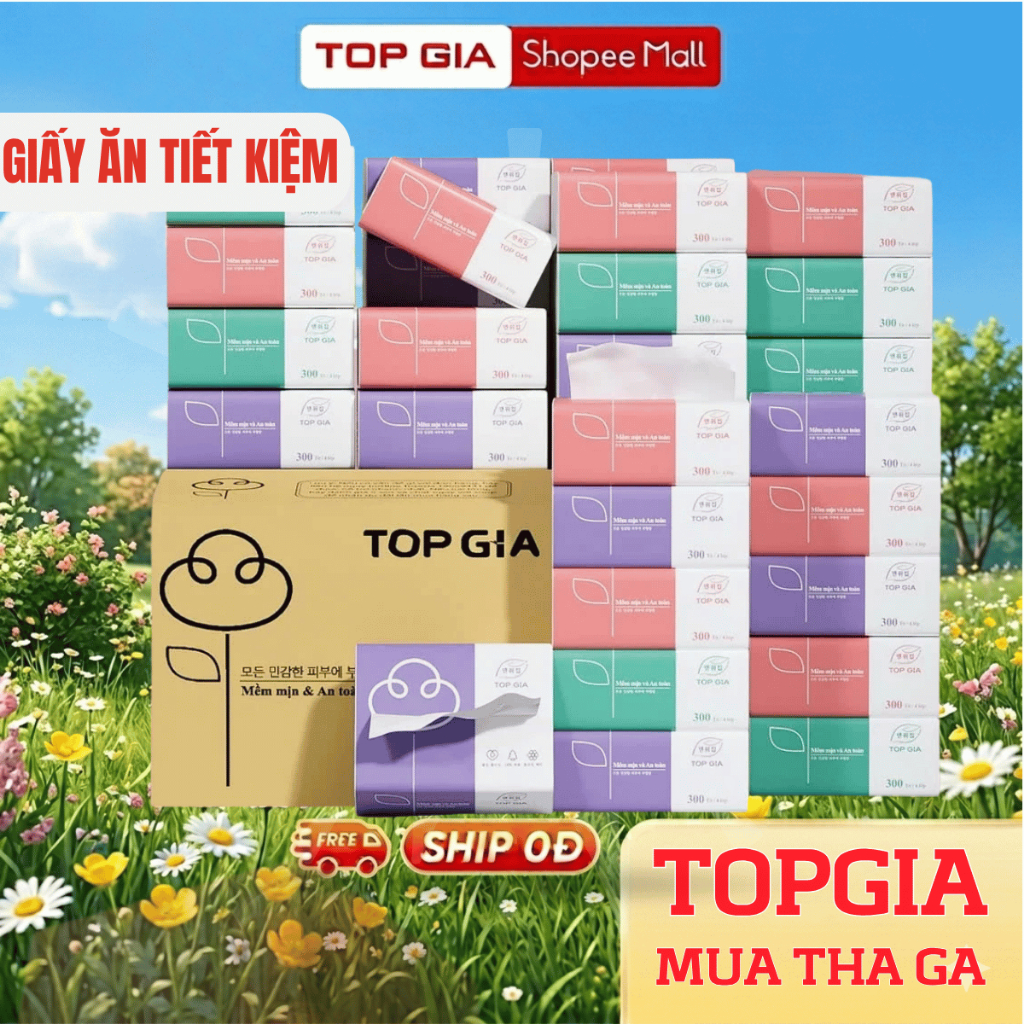 Thùng 30 gói giấy ăn rút Topgia 3 màu cao cấp 4 lớp dày dặn, mềm mịn, thùng 10/16/36/46 gói