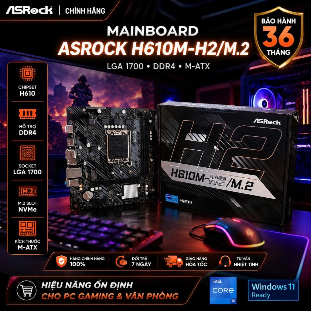 Main Asrock H610M-H2/M.2 (2 cổng HDMI) - H610 Chính hãng Full vat New Box