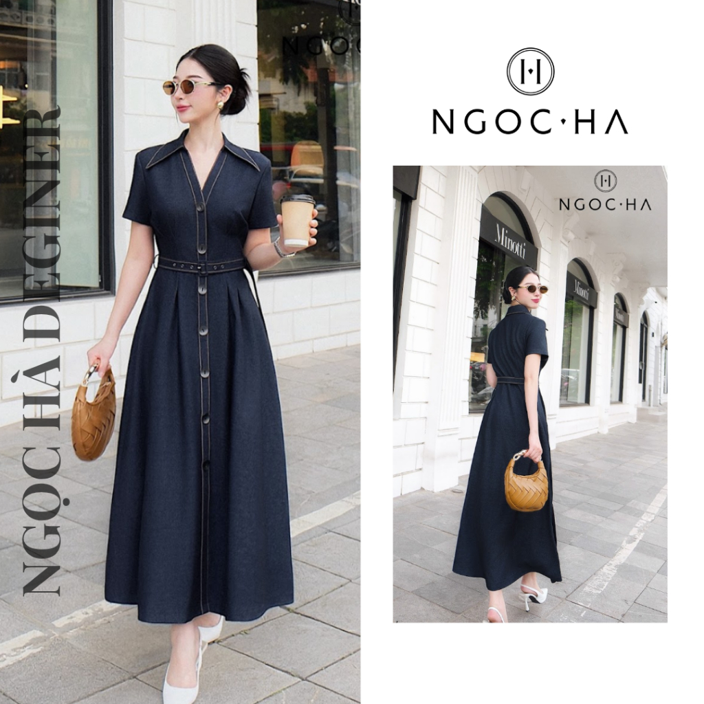 Váy Công Sở Céline Dress Đầm Denim Triết Ly Thiết Kế Cao Cấp NGOC HA Design D1054