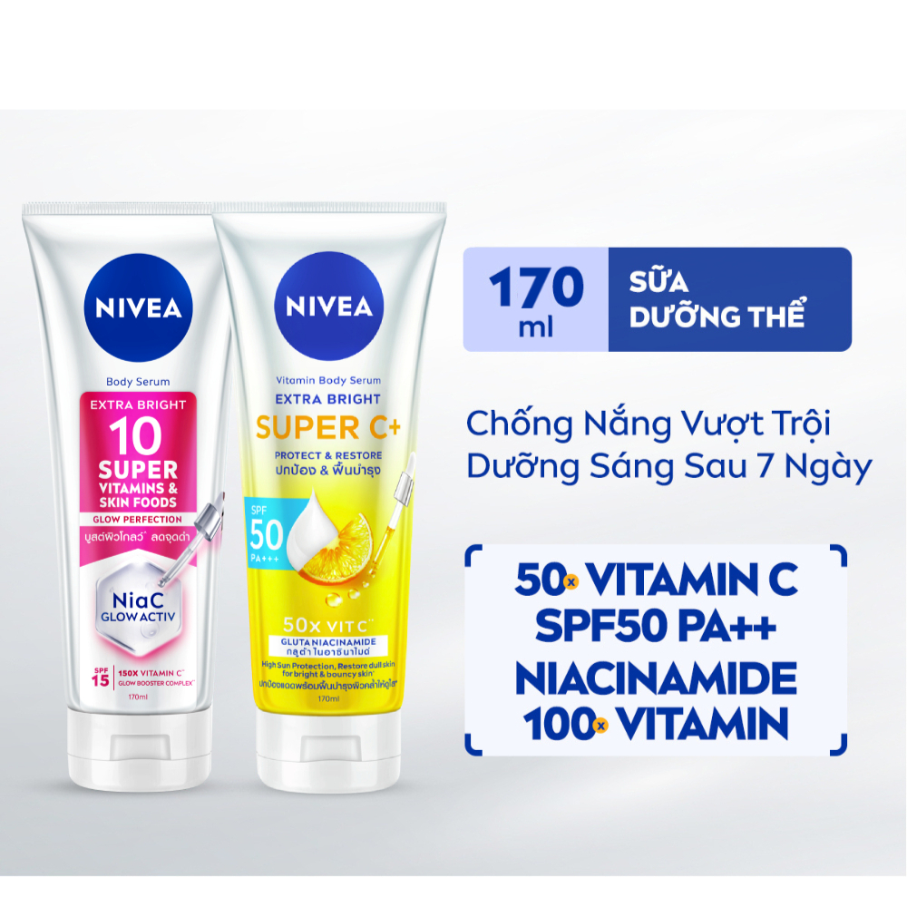 Combo Tinh Chất Dưỡng Thể NIVEA sáng da 10 Super Vitamins & Skin Foods + Vitamin Super C+ 170ml