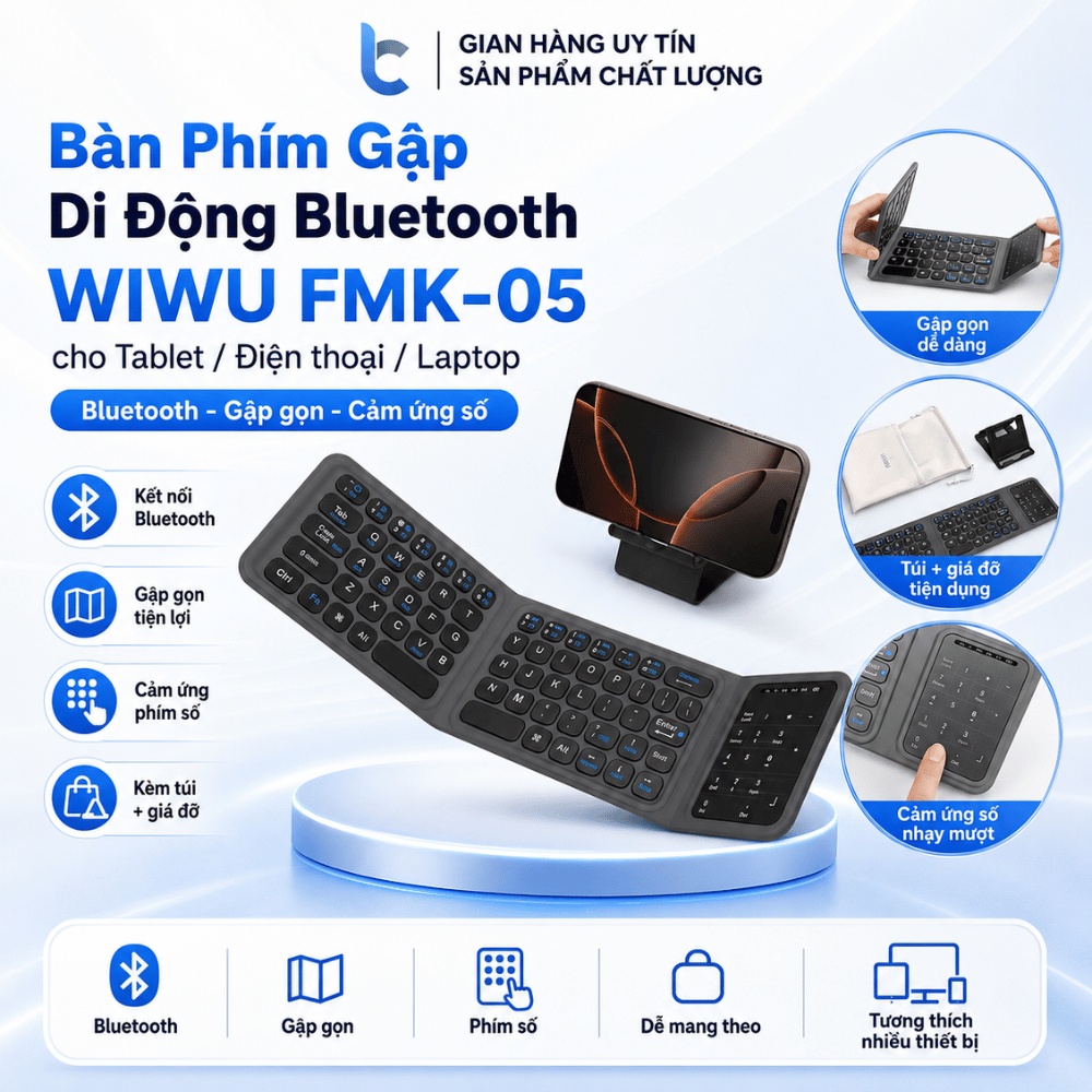 Bàn Phím Gập Di Động Bluetooth WiWU FMK-05 Có Bàn Di Chuột Cho Laptop, Máy Tính Bảng, Điện Thoại