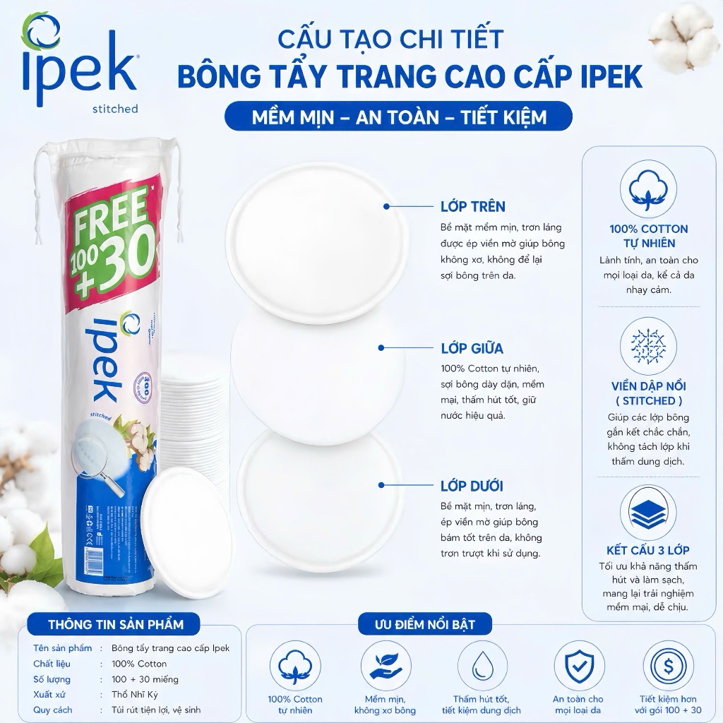 Bông Tẩy Trang Ipek (150 miếng)