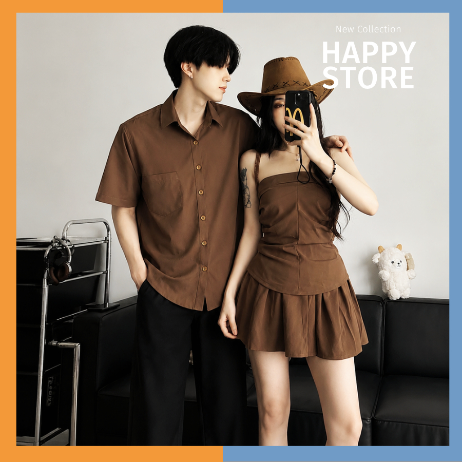 Set couple nam nữ COUPLE STORE - đồ đôi nam nữ gồm : Áo sơ mi nam + Croptop + chân váy nữ
