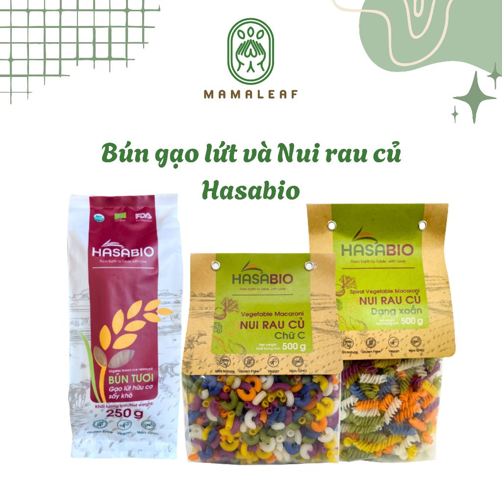 Nui Rau Củ Hasabio Chữ C 500g - Nui Rau Củ Hasabio Dạng Xoắn 500g - Bún Gạo Lứt Hữu Cơ Hasabio Sấy K