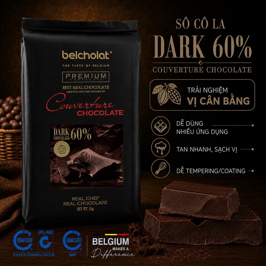 Socola Đen Couverture Belcholat 60% Cacao 100% Bơ Cacao giảm ngọt Làm Bánh Ganache Bonbon Phủ Bánh