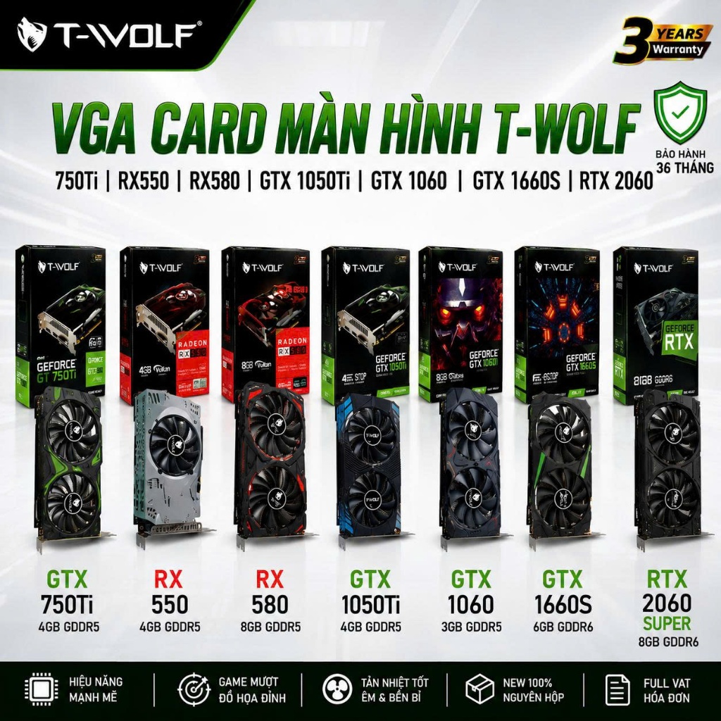 VGA Card màn hình T Wolf 750ti Rx550 Rx580 1060 1660s 2060 1050TI 3060 4Gb 6GB 8GB 12GB new box