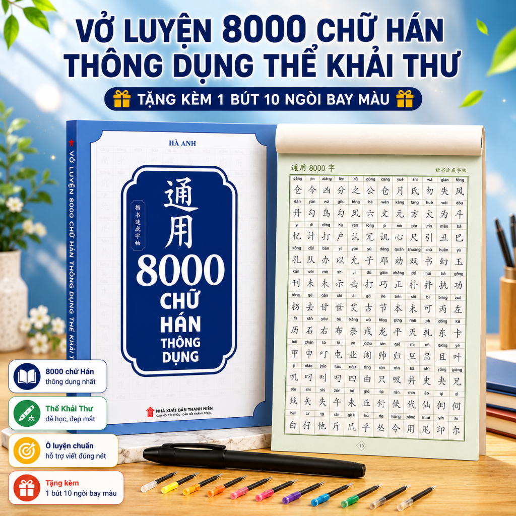Vở luyện viết 8000 chữ hán thông dụng (thể khải thư+tặng 1 bút 10 ngòi bay màu)