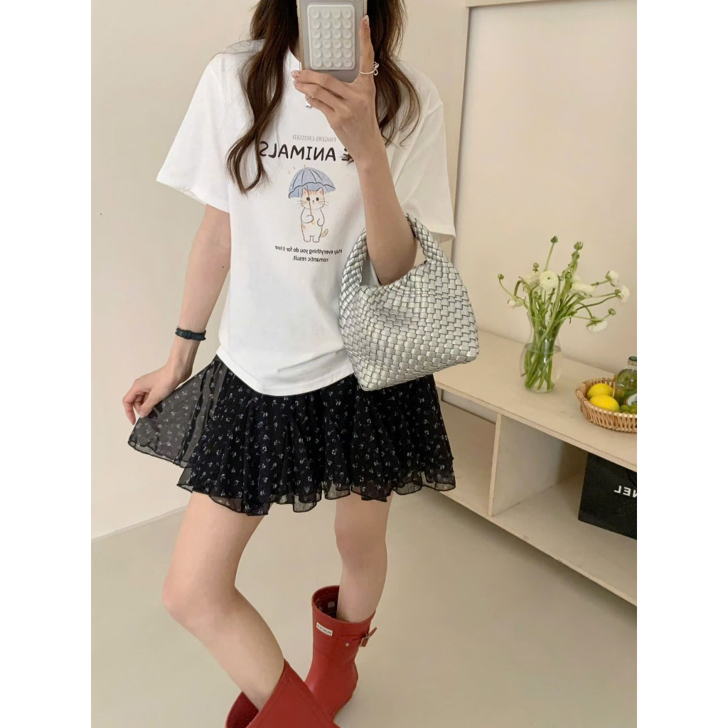 (Maruko.18) Áo Thun Cotton Oversize Hình Mèo Che Ô - Dài 60cm - 679