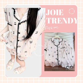 Quần Áo Ngủ Kẻ Sọc Nơ Đen Trẻ Trung - Bộ Đồ Pijama Cộc Tay Cổ V Viền Răng Cưa JOIE TRENDY