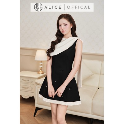 Váy Tiểu Thư Alice Chất Tuyết Mưa Dày Dặn, Đầm Ngắn Chữ A Lệch Vai Phối Lụa Cao Cấp V1486