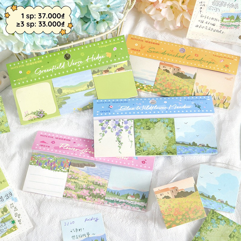 Giấy Note Only Flowers Know 90 Tờ Mini 50x50mm - Set 3 Xấp Giấy Ghi Chú Có Keo Phong Cảnh