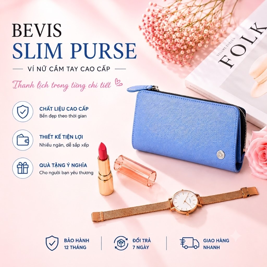 Ví Nữ BEVIS Slim Purse Dáng Mỏng - Ví Da Bò Thật Mini Tối Giản Đựng Thẻ Sang Trọng - Hàng Chính Hãng