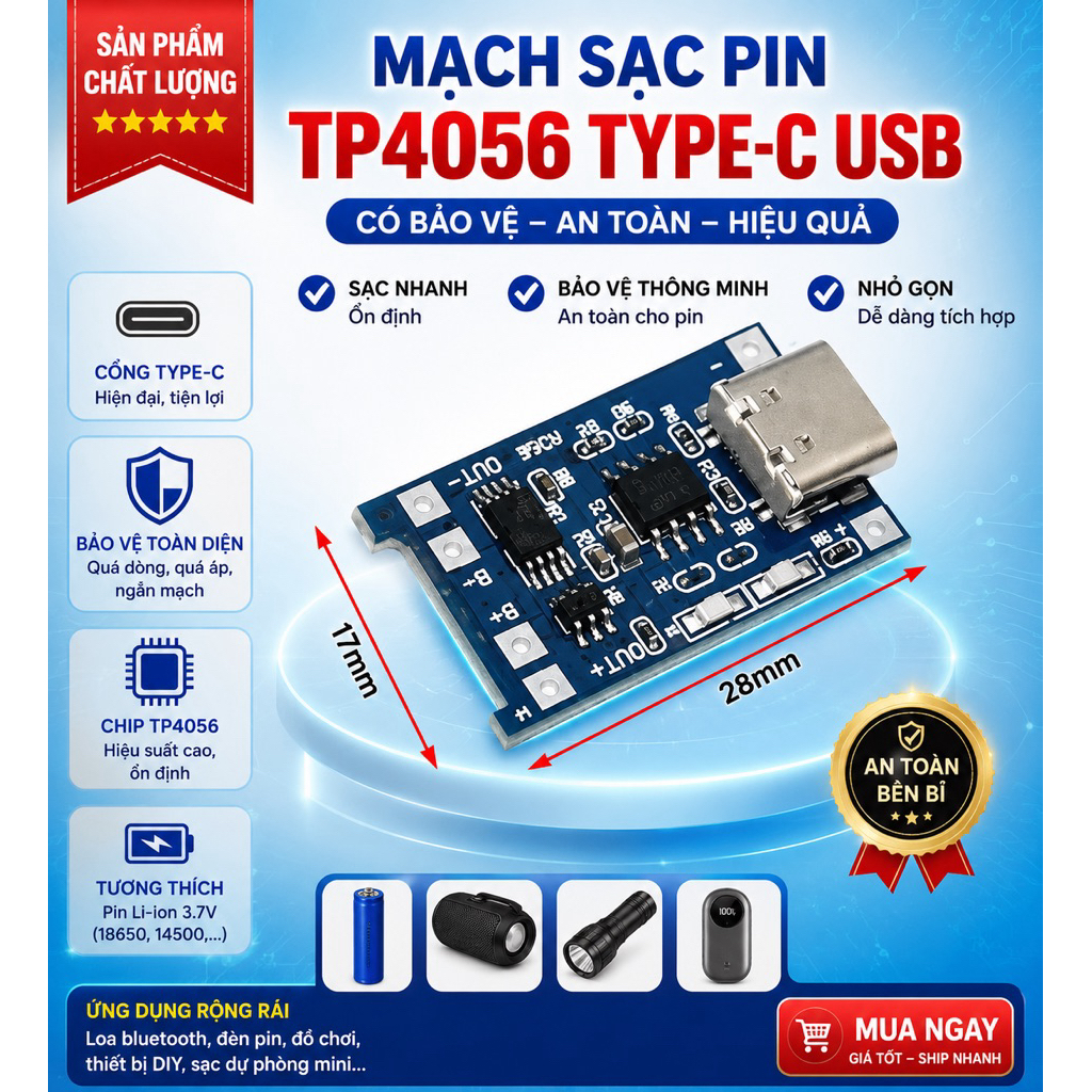 Mạch Sạc Pin TP4056 Cổng TYPE-C USB Có  IC bảo vệ - Mạch Sạc Pin Lithium - Li-ion - 18650 TP4056