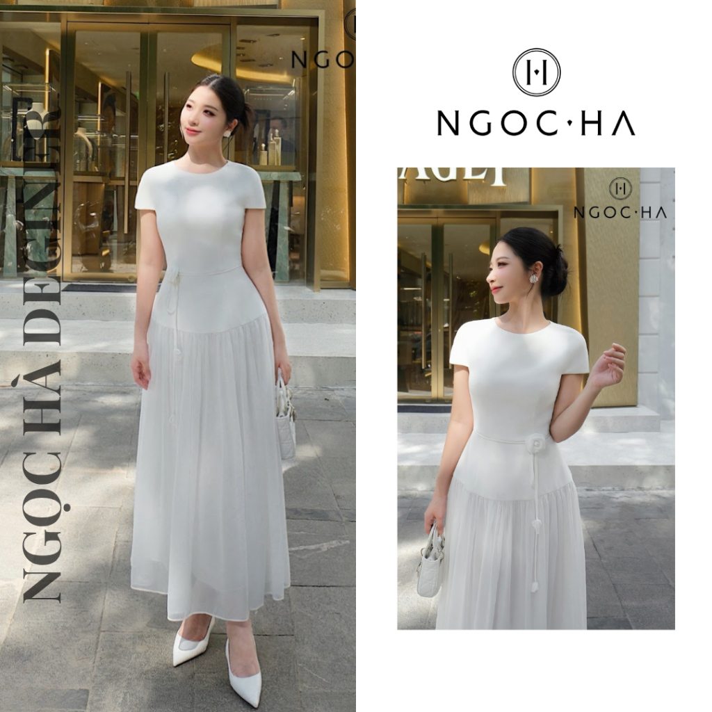 Váy Thiết Kế Lisa Dress Đầm Xòe Mix Tơ Màu Trắng Cao Cấp NGOC HA Design D1056