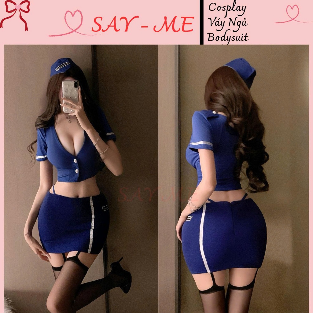 SM180 - Cosplay Tiếp Viên Hàng Không Xanh Navy Nữ Phối Chân Váy Ôm Dáng Kèm Mũ Đồng Bộ Thời Trang Th