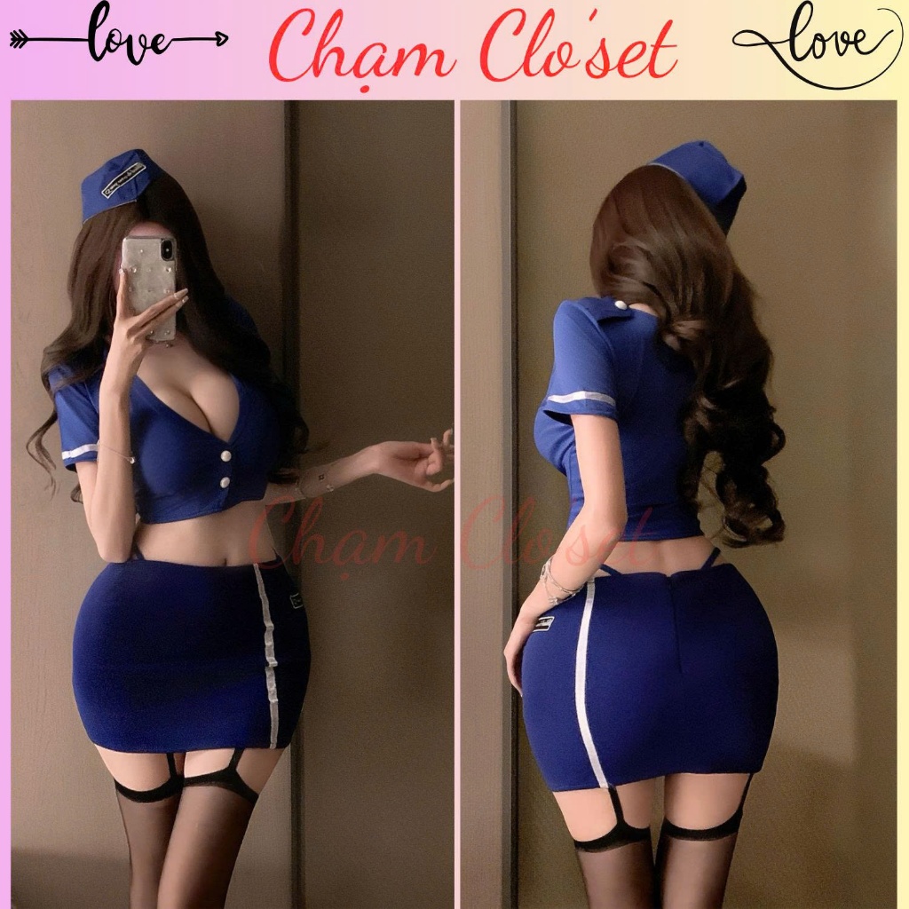 H180 - Trang Phục Cosplay Tiếp Viên Hàng Không Nữ Màu Xanh Dương Phối Sọc Trắng Thiết Kế Trẻ Trung T