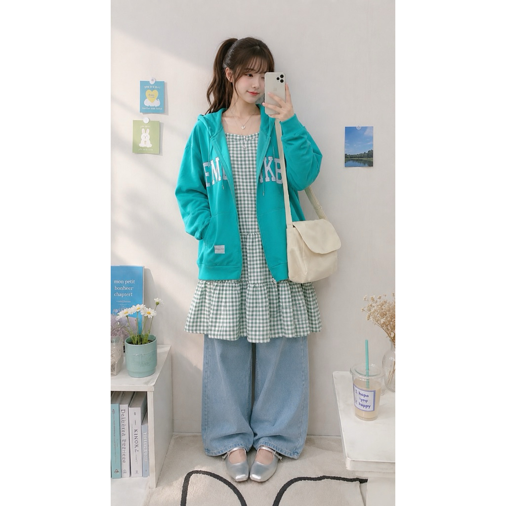 thrift 2hand igari mori kei dress over jean outfit
