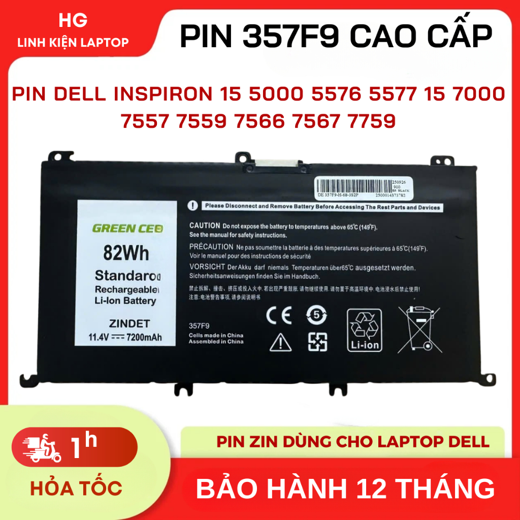 Pin Dùng Cho Dell Inspiron 15 5000 5576 5577 15 7000 7557 7559 7566 7567 7759 357F9 Green Cell 82WH 