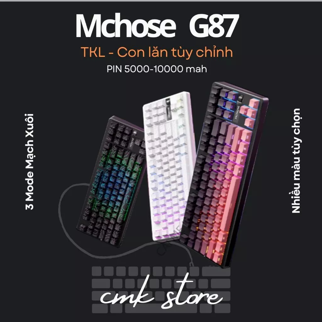 Bàn phím cơ Mchose G87 V2 - 3 Mode - Mạch Xuôi - Con Lăn Tùy Chỉnh Siêu Đẹp - Pin 10000mah