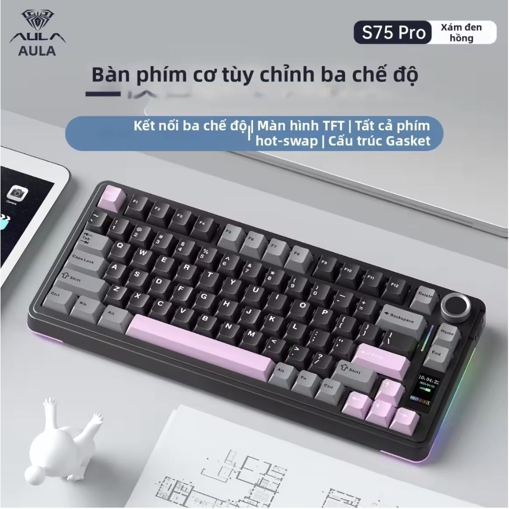 Bàn phím cơ AULA S75 Pro - Switch Caramel Latte, Hotswap, 3 mode, Led RGB, Màn hình TFT