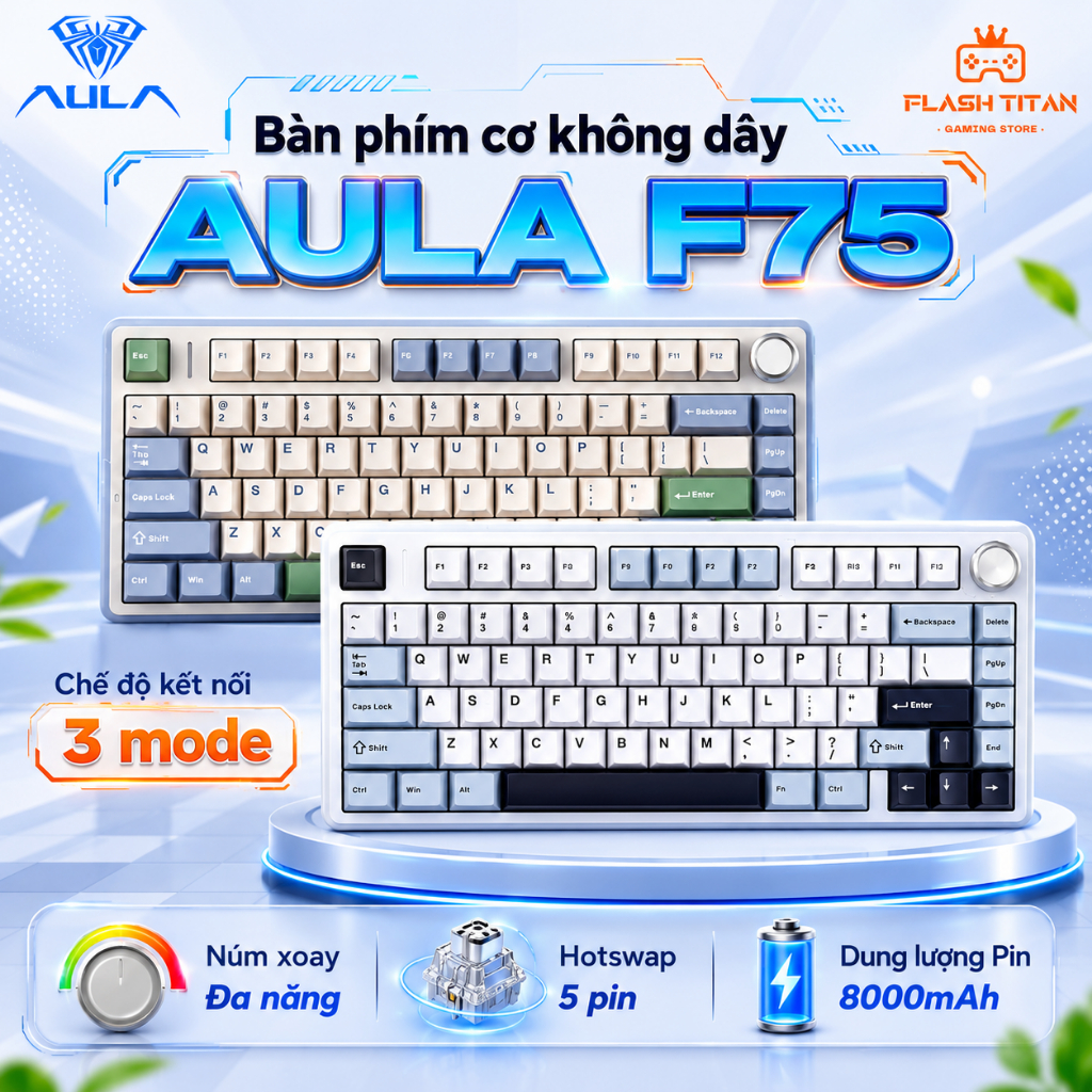 Bàn phím cơ không dây AULA F75 - Phiên bản mạch xuôi - 3 mode kết nối - Hotswap - Có núm xoay