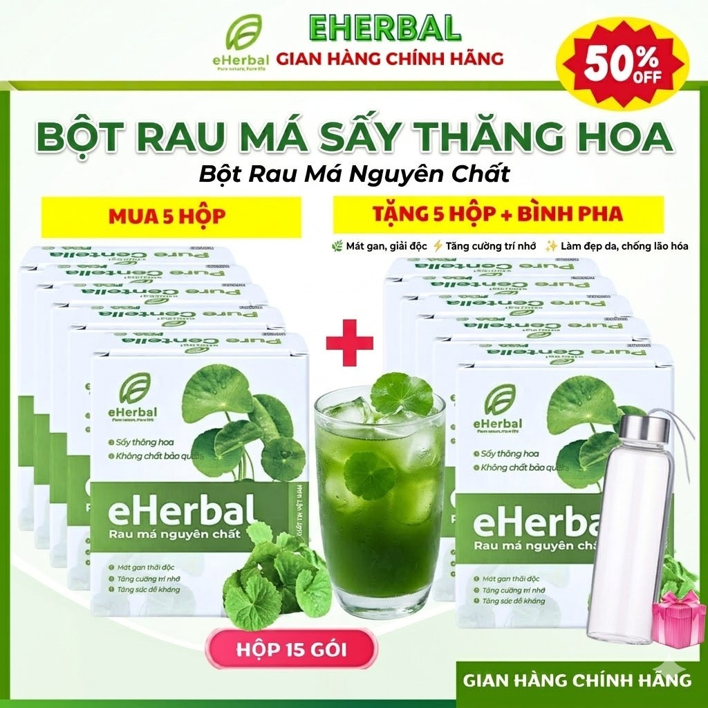 [Mua 5 Tặng 5 + Bình Pha] Bột Rau Má Nguyên Chất eHerbal Sấy Thăng Hoa Giải nhiệt, mát gan, detox