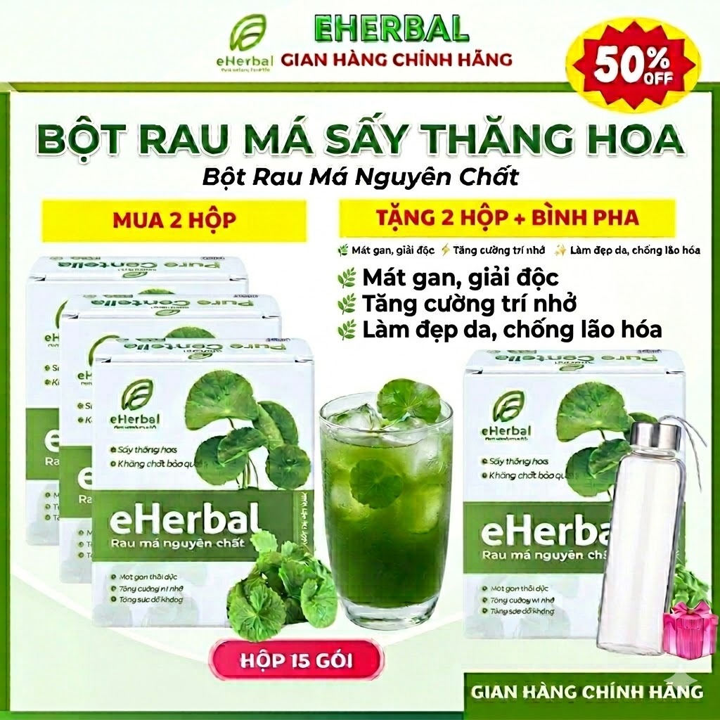 [Siêu Ưu Đãi- Mua 2 Tặng 2] Bột Rau Má Nguyên chất eHerbal Sấy Thăng Hoa, giải nhiệt, mát gan, detox