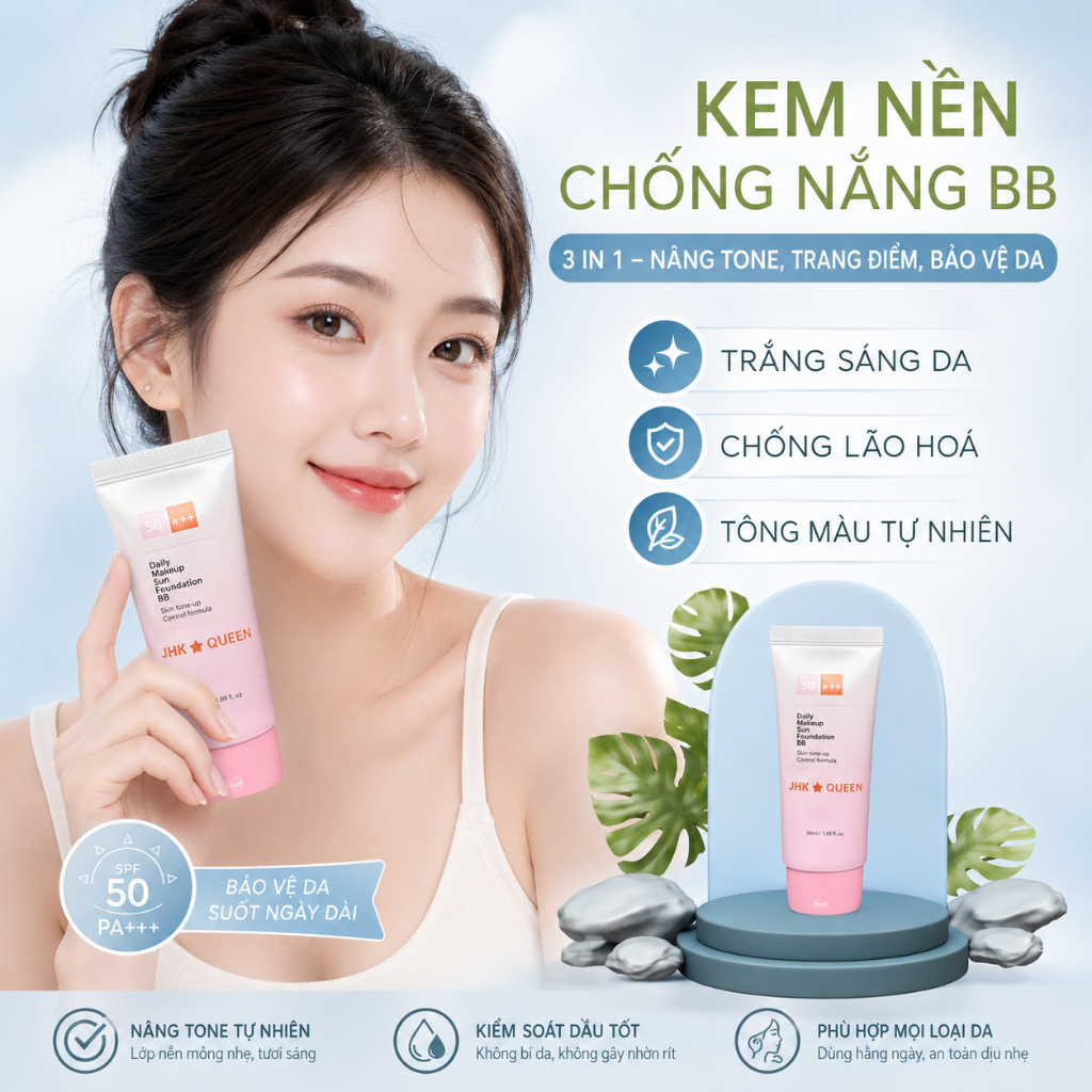 Kem Nền Chống Nắng BB JHK Queen Daily Makeup Sun Foundation BB 50ml – Nâng Tone, Trang Điểm, Dưỡng S