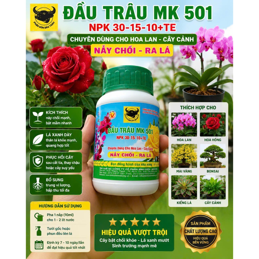 Đầu trâu 501 phan bon la nảy chồi ra lá lọ 100 g phân bón lá npk 30-15-10+te