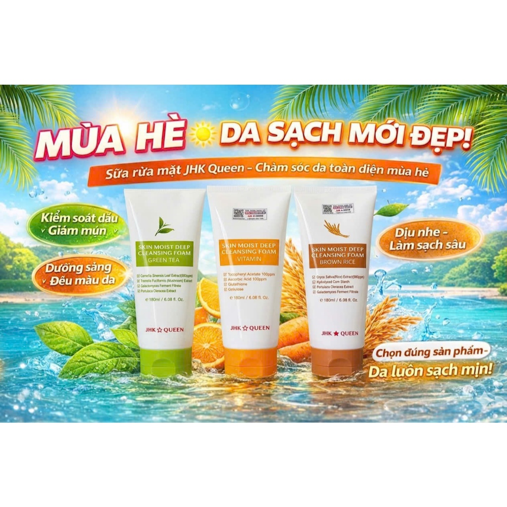 Combo 3 Sữa Rửa Mặt JHK Queen 180ml – Trà Xanh, Vitamin, Gạo Lứt – Chăm Sóc Da Toàn Diện