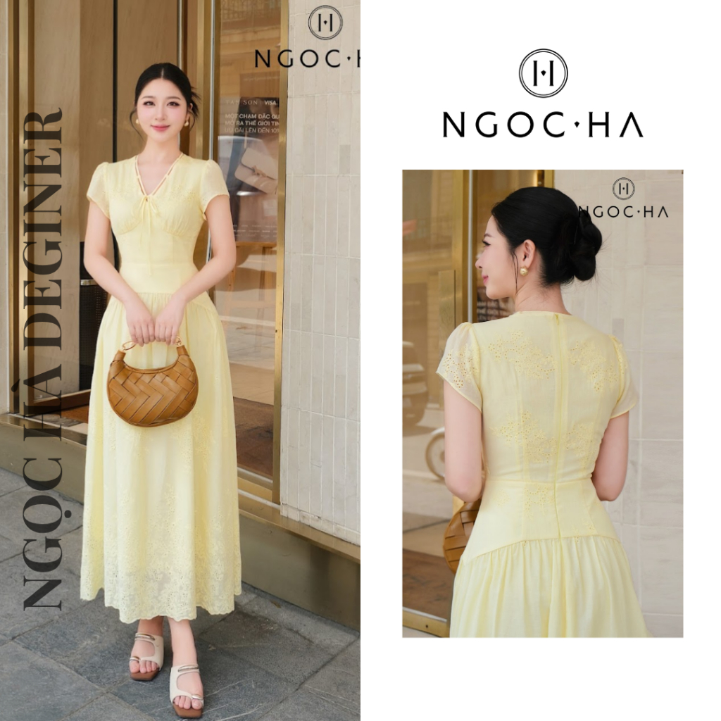 Váy Thiết Kế vải Đũi Venus Dress Đầm Thô Thêu Cao Cấp NGOC HA Design Màu Vàng D1057
