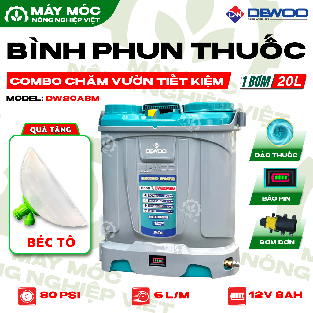 Bình Phun Thuốc Điện 20L - DEWOO - DW20A8M - 1 Bơm - Phun Khỏe - Xài Bền