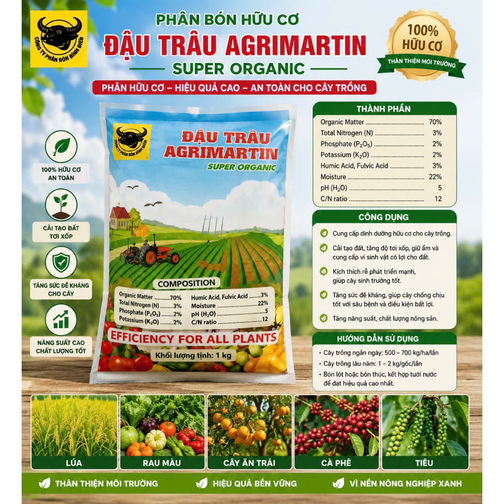 phân bón hữu cơ Đầu Trâu Agrimartin – Super Organic. phân bón hữu cơ daud trâu dạng viên túi 1kg