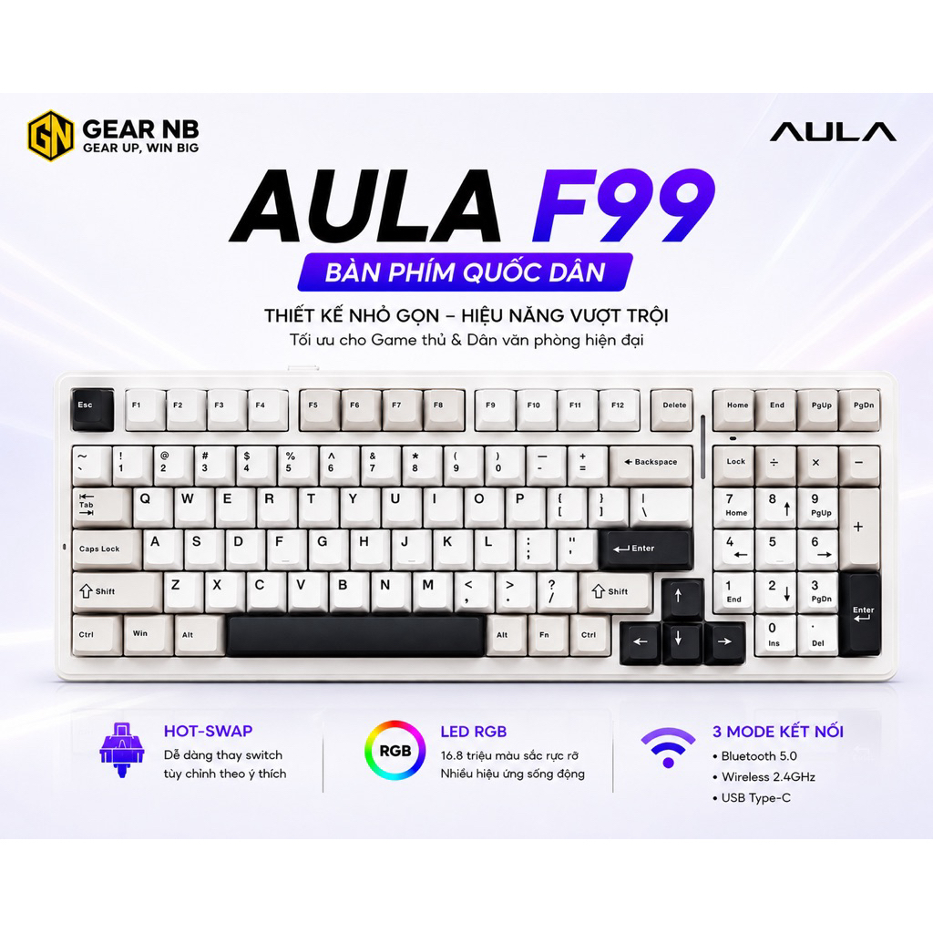 [Hoả tốc] Bàn phím cơ AULA F99 3 Mode Bluetooth 2.4G USB-C | RGB LED | Hot Swap | Layout 99 phím nhỏ gọn | Pin trâu