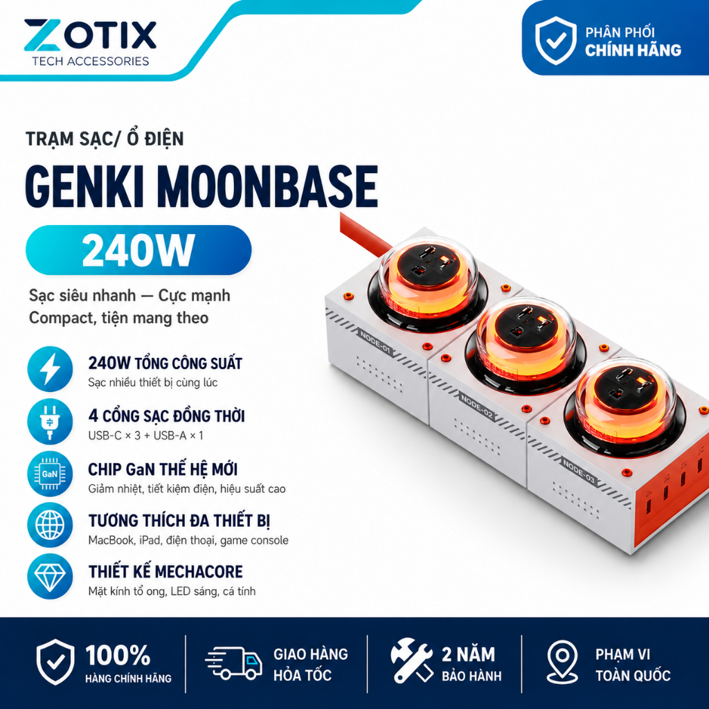 Ổ điện trạm sạc siêu nhanh Genki Moonbase 240W GaN - 4 Cổng USB-C 3 Ổ AC 4000W