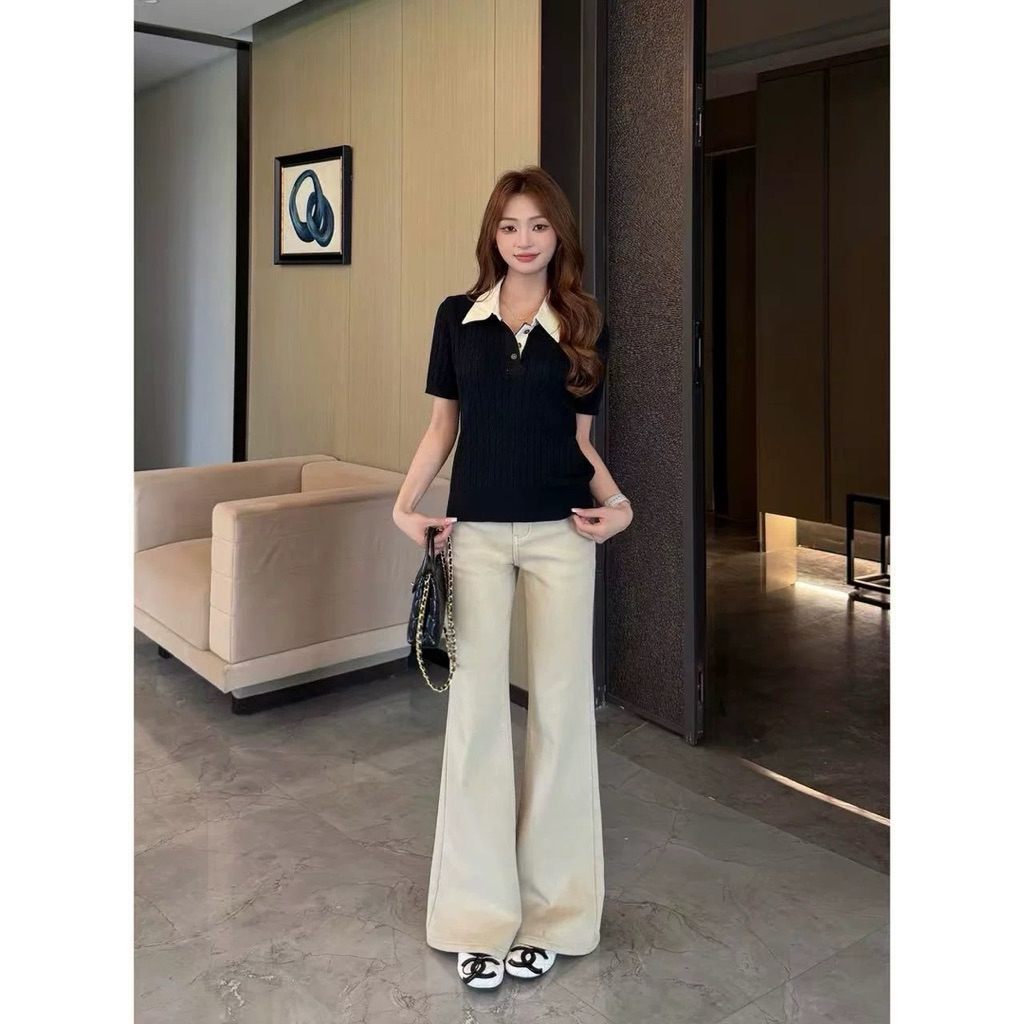 Quần Jeans Nữ ống Loe dáng Rộng dài chùm chân Lưng Thấp Hách dáng chất liệu Denim mềm Co Giãn | BigBuy360 - bigbuy360.vn