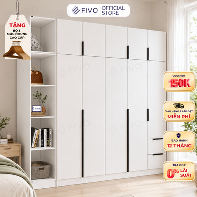 Tủ Đựng Quần Áo Gỗ Cao Cấp FC04 FIVO, Tủ Màu Trắng Cánh Mở Sâu 60cm Kèm Kệ Trang Trí, Freeship+Free lắp đặt, Trả Góp 0%