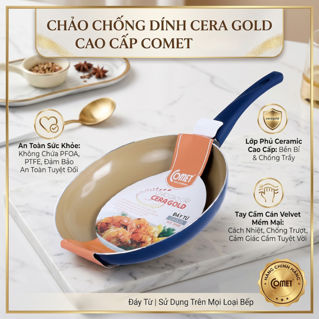 Chảo Comet Chống Dính Đáy Từ 24cm Cao Cấp Lớp Đá Ceramic Phủ Nano Nhôm Dày Dẫn Nhiệt Nhanh