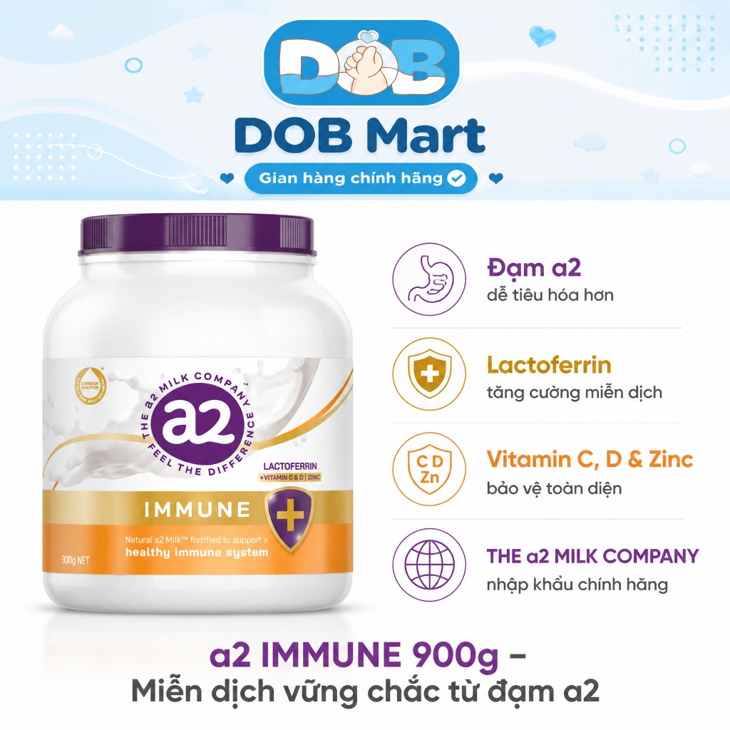 Sữa Bột A2 Milk A2 Immune Tăng Cường Miễn Dịch Cho Bé Từ 1 Tuổi – A2 Lactoferrin Lon 900g DOB