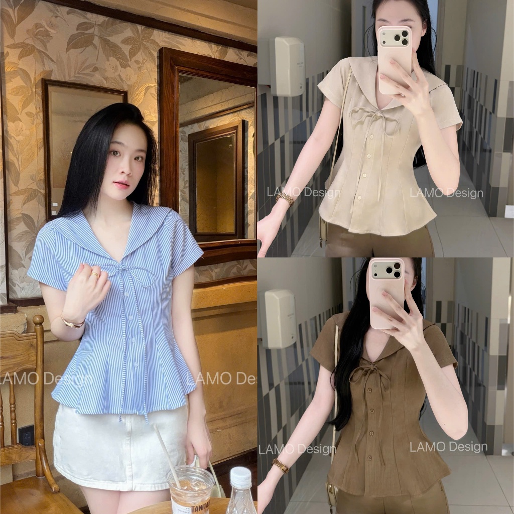 Áo sơ mi áo kiểu nữ cổ thủy thủ phối nơ xinh xắn trẻ trung LAMO - B1586 | BigBuy360 - bigbuy360.vn