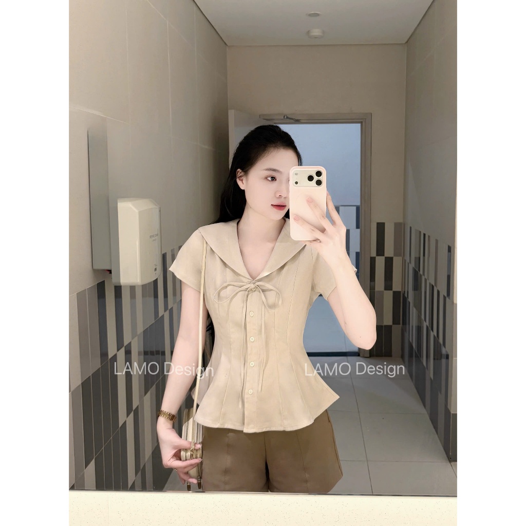 Áo sơ mi áo kiểu nữ cổ thủy thủ phối nơ xinh xắn trẻ trung LAMO - B1586 | BigBuy360 - bigbuy360.vn