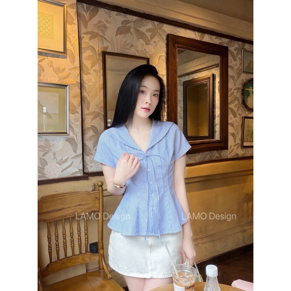 Áo sơ mi áo kiểu nữ cổ thủy thủ phối nơ xinh xắn trẻ trung LAMO - B1586 | BigBuy360 - bigbuy360.vn
